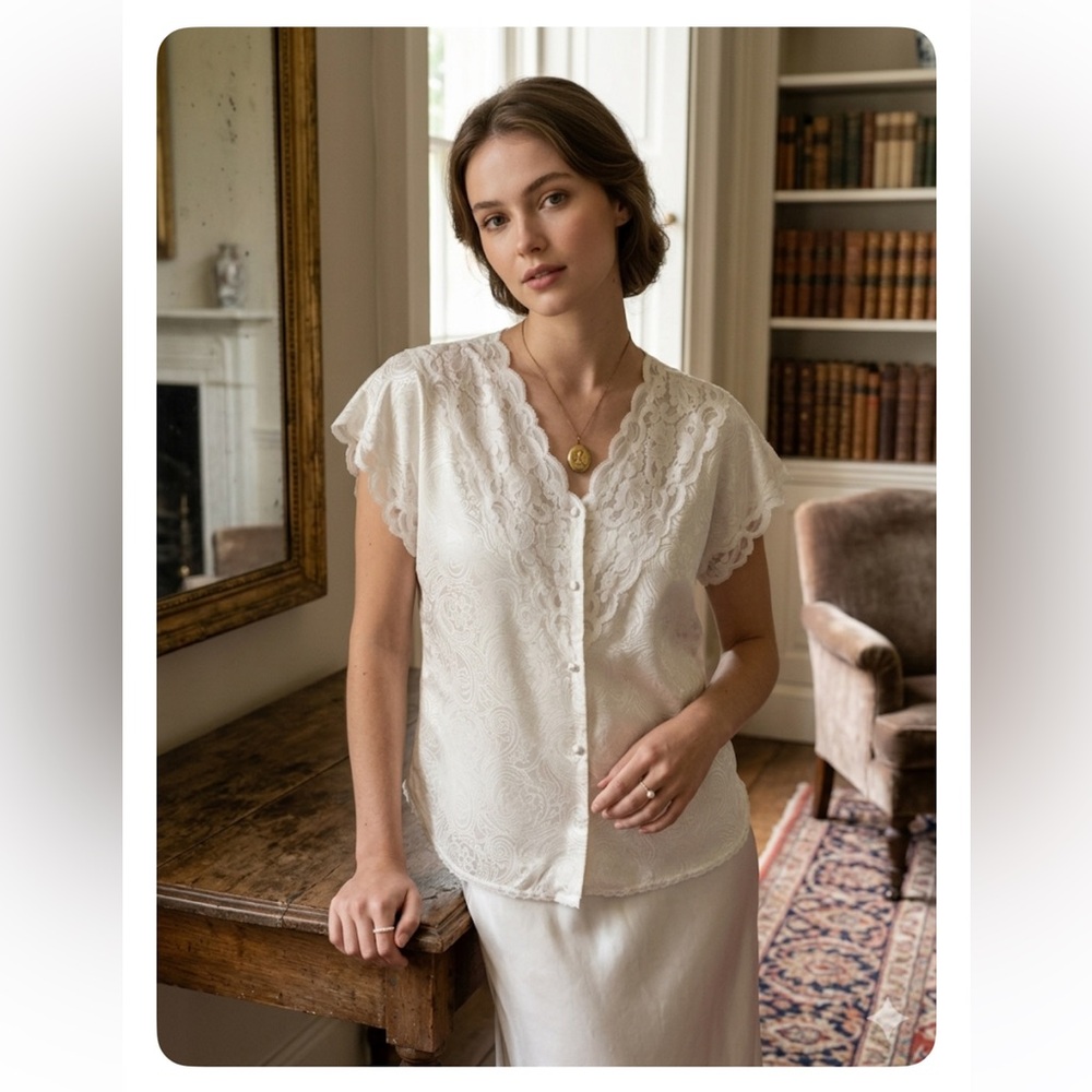 VTG Val Mode White Paisley Satin Lace Lingerie Top Made in USA Coquette Small